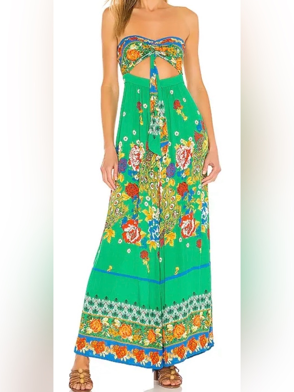 free people Green Gauzy Bali Birds of Paradise Wide Leg Strapless Jumpsuit S